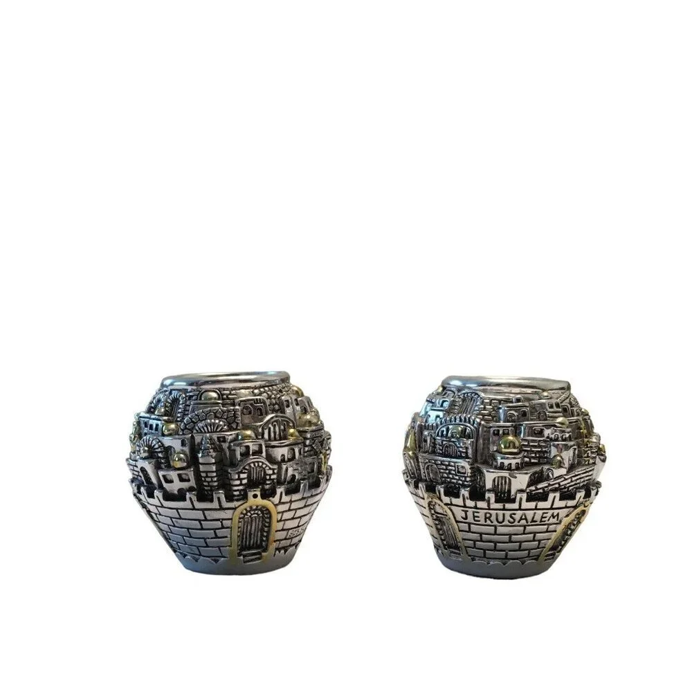 Pair Of Jerusalem Silver & Gold Plated Candle Holders With Intricate City Design